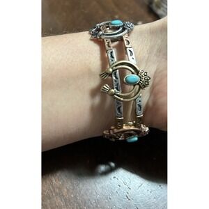 Turquoise Aztec Tribal Two Tone Metal Double Horn Stretch Link Bracelet 1"
